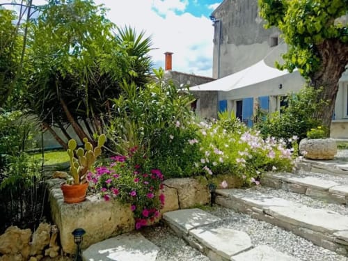 Cour luxuriante à Chez Laure & Marc à Plaissan avec fleurs colorées, cactus, parasol blanc et maison en pierre