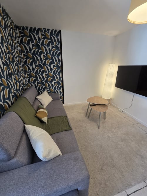 Salon cosy de l'appartement à la Résidence Cosy à Saint-Méen-le-Grand : canapé gris, tête de lit motifs, TV, style moderne