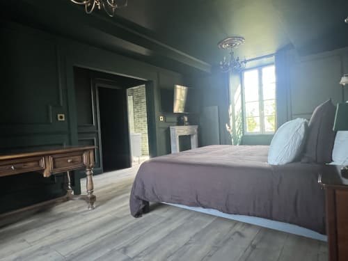 Chambre élégante à La Millière avec lit queen-size, murs vert foncé, cheminée et vue sur le jardin en Vendée