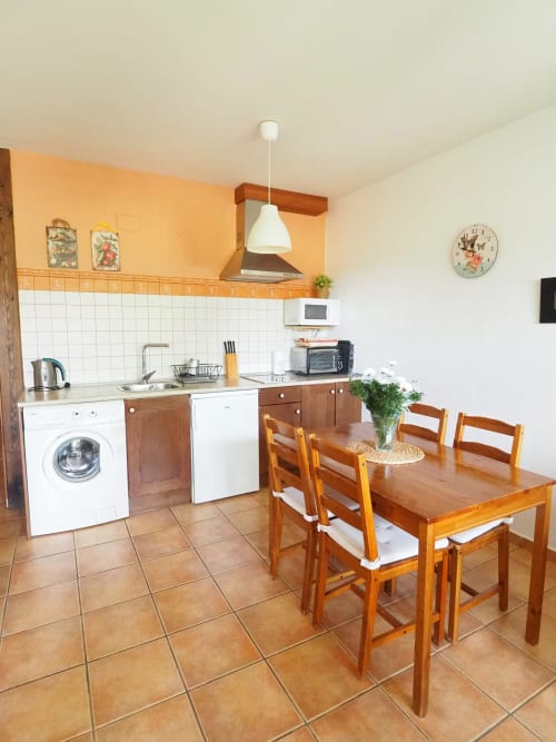 Amplia zona de cocina-comedor en apartamento rural Senda del Duratón con mesa de madera, sillas, electrodomésticos blancos y terracota