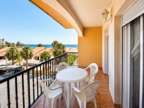 Seaside apartment balcony with dining table and sea view, Cuevas del Almanzora, Spain