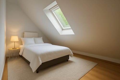 Chambre lumineuse sous les toits aux Gîtes Saint Valery En Caux avec lucarne, literie blanche, parquet et vue sur la ville