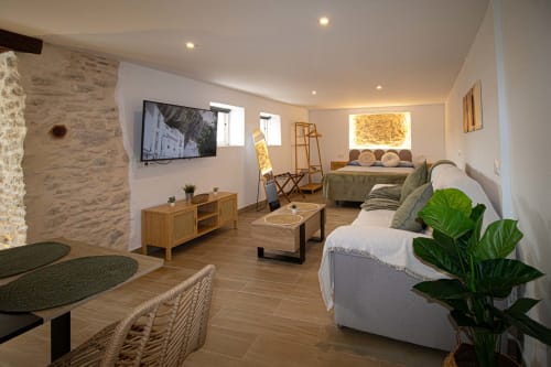Modernes Loft-Apartment in Setenil de las Bodegas mit Steinwänden, Holzmöbeln, TV, Betten und Wohnbereich mit Pflanzen