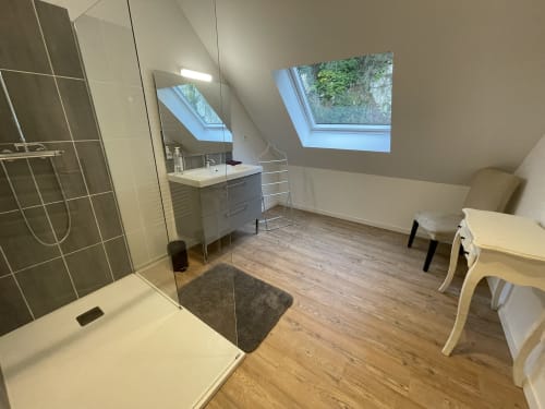 Modern attic bathroom at Les Gites De Flaubert villa with walk-in shower, vanity, skylight windows, and wooden flooring