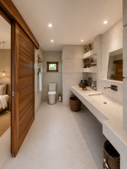 Modern bathroom in Villa Indigo Samui with dual vanity, white countertop, recessed shelving, and wooden sliding doors, Ko