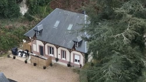Aerial view of La charretterie de Flaubert villa at Les Gites De Flaubert in Le Héron, surrounded by trees