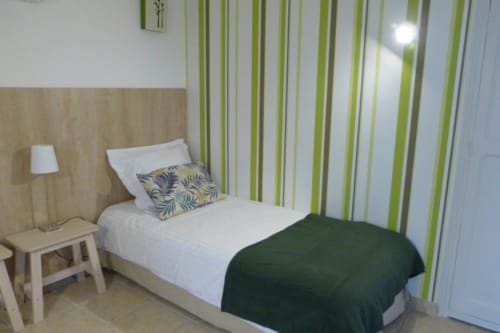 Bambou room at Villa Thébaïde with single bed, green striped curtains, wooden headboard, and garden view in Laudun L'Ardoise