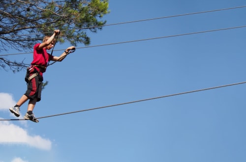Young adventurer on zipline at Domaine de Lamartine, Pont-Saint-Esprit, thrilling outdoor activity