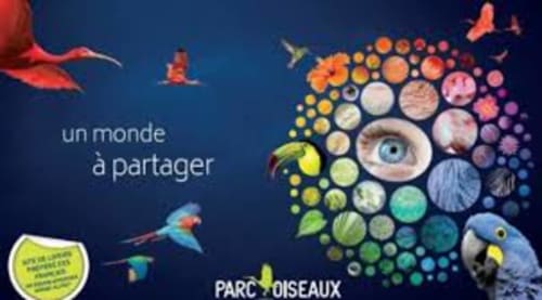 Parc Oiseaux promotional poster featuring colorful birds and nature - near Maison Addama B&B in Neyron