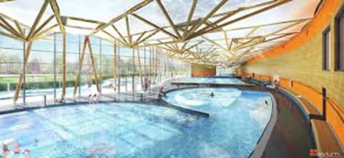 Indoor pool area at Maison Addama B&B in Neyron, France with wooden roof structure