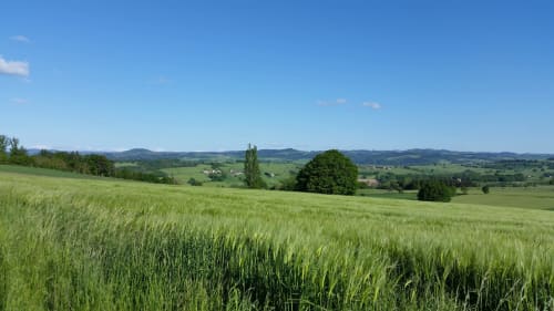 Champs verdoyants et montagnes lointaines près du Domaine de La Serita B&B à Jozé, France