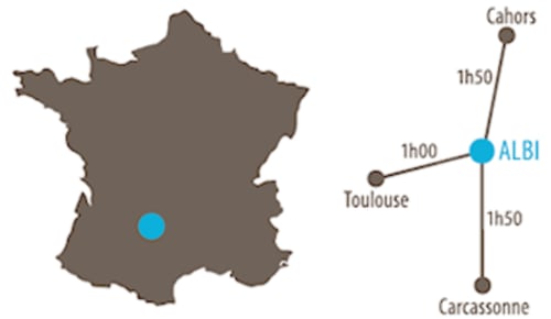 Carte localisant le gîte Le Pignié à Lescure-d'Albigeois, France, avec les durées de trajet vers les villes avoisinantes.