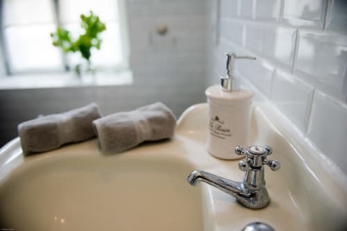 Lavabo de salle de bain immaculée avec robinet chromé, serviettes roulées, distributeur de savon et plante verte à la fenêtre des Filles du Bord de