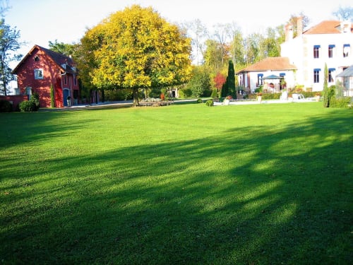 Le Domaine de La Serita, maison d'hôtes à Joze en France, avec pelouses soignées, chaumière rouge, arbre jaune et bâtiment blanc
