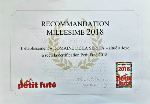 Certificat de recommandation Petit Futé 2018 pour le gîte Domaine de La Serita à Joze, France
