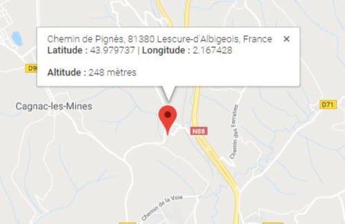 Carte montrant la localisation de Le Pignié à Lescure-d'Albigeois, France, à 248 mètres d'altitude avec coordonnées