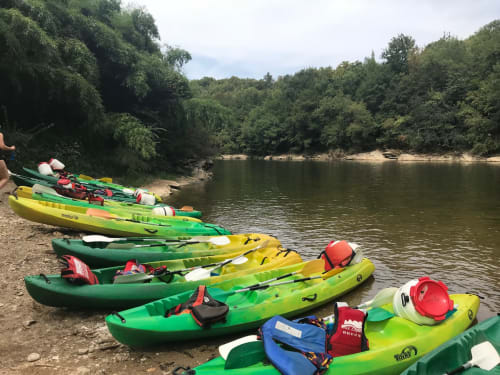 Colorful kayaks lined up on a sandy beach along a river, surrounded by green trees near Lescure-d'Albigeois
