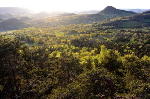 Vue panoramique de la vallée forestière avec collines ondulantes et pic volcanique depuis le gîte Aux Pays Des Sucs, Saint-Hostien