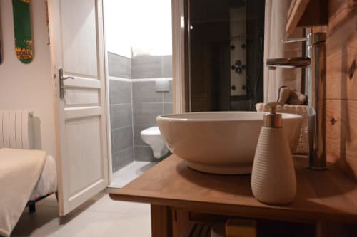 Salle de bain moderne avec vasque ovale blanche et douche à l'italienne au gîte Aux Pays Des Sucs à Saint-Hostien