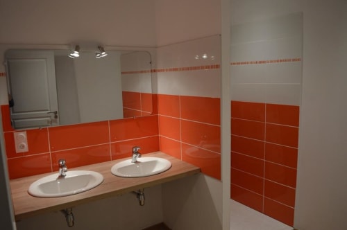 Salle de bain moderne avec double vasque, carrelage rouge et miroir à la Ferme Passion BnB à Saint-Trivier-sur-Moignans