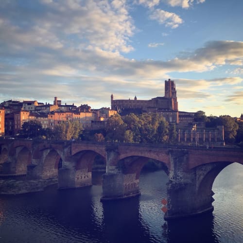 Medieval bridge and cathedral overlooking the Tarn River near Le Pignié B&B in Lescure-d'Albigeois, France
