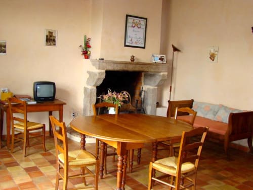 Salle à manger rustique du gîte La Raymondière à Vernoux-en-Gâtine avec table en bois, cheminée et téléviseur