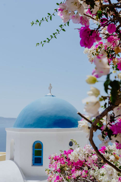 Iglesia con cúpula azul y paredes blancas rodeada de flores rosas y blancas en Hotel Santorini, Belgrado, vista al mar.