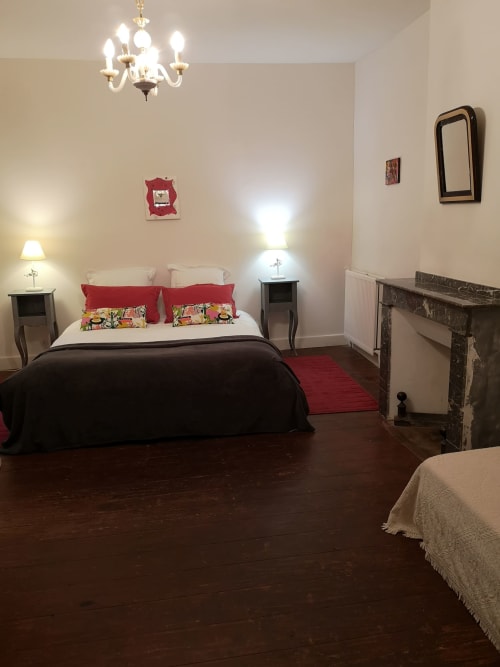 Élégante chambre double avec accents rouges à L'affable B&B aux Cammazes, lustre et cheminée