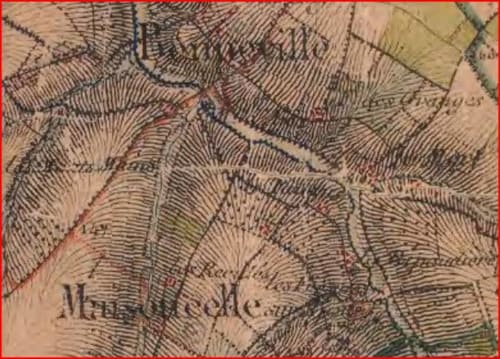 Carte vintage de Maisoncelles sur Ajon, France, avec courbes topographiques détaillées et limites régionales près du Moulin