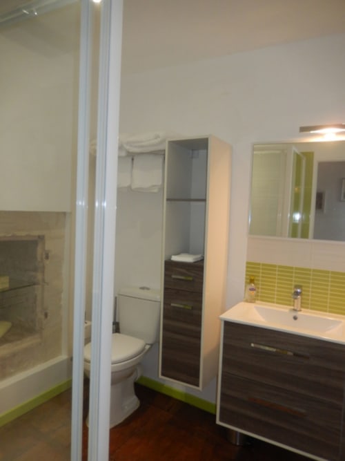 Salle de bain moderne à la Chambre Marie du Domaine De Puyrousse, Villetoureix avec lavabo, toilettes, douche et carrelage vert