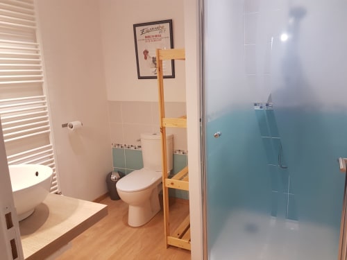 Salle de bain moderne de la Chambre Dombes à la Ferme Passion B&B, avec toilettes, étagères en bois et douche à paroi de verre dépoli