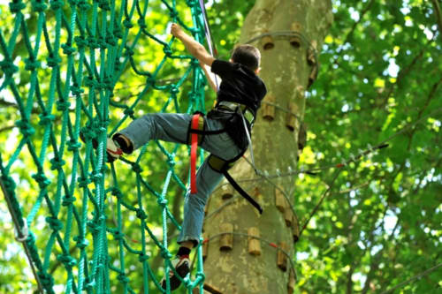 Personne pratiquant l'escalade d'arbres à La Ferme Du Grand Air, activité aventure à Fiennes, France