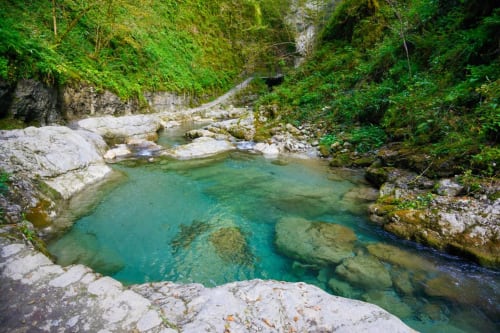 Piscine naturelle aux eaux émeraude entourée de roches calcaires et de forêt verdoyante près de Biarritz