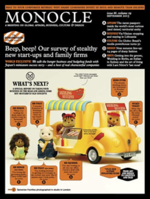 Monocle-Magazin-Cover mit gelbem Food-Truck, Spielfiguren und orangefarbenen Sprechblasen über Startups