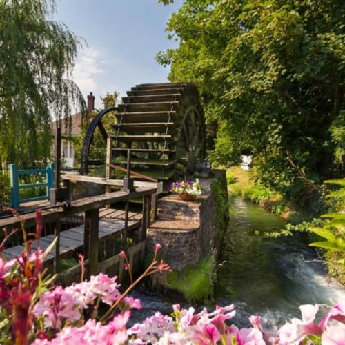 Historic watermill with pink flowers at Chalet Du Bel Event, La Chapelle-sur-Dun, France