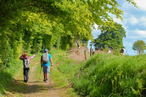 Hikers with trekking poles on a rural trail near Chalet Du Bel Event, La Chapelle-sur-Dun, surrounded by green fields and
