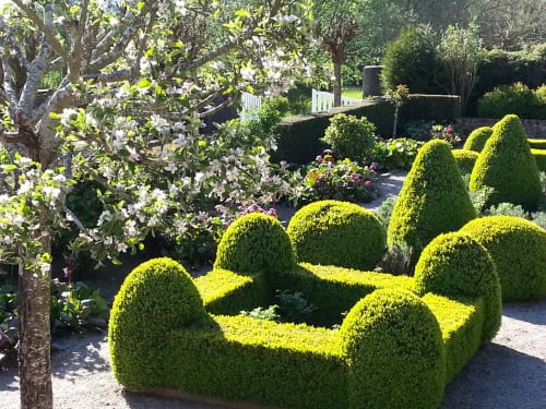 Formele tuin van Moulin Renaudiots met levendige geel-groene topiariehaagjes en witte bloeiende boom in Autun