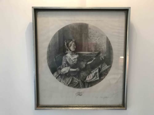 18th century framed engraving of elegant woman playing lute in Ciboulette room at Manoir De Rieuzal, Loubressac