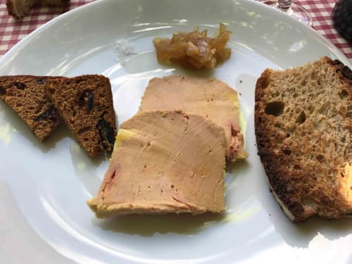 Foie gras terrine with toasted bread at Manoir De Rieuzal, a French B&B in Loubressac