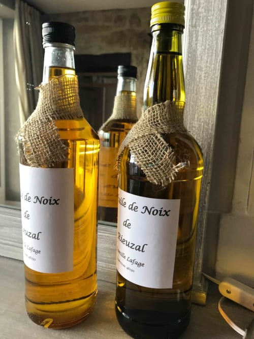 Walnut oil bottles from Rieuzal at Manoir de Rieuzal, a bed and breakfast in Loubressac, France