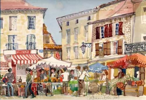 Charming French village square in Loubressac with market stalls, historic buildings, and bustling street scene