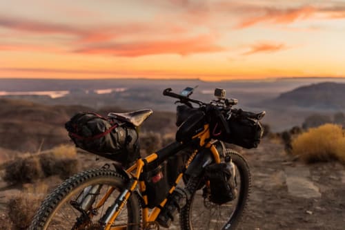 Adventure bike at sunset overlooking St Martins countryside, La Trelade Hotel area
