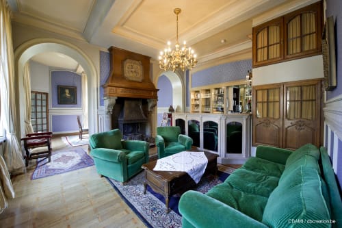 Elegant lounge met groen fluwelen meubels, open haard en kroonluchter in Château d'Hassonville, een luxe B&B