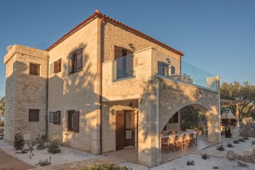 Villa Freedom stone exterior with arched patio, Kokkino Chorio, Crete