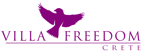 Villa Freedom Crete logo with purple dove symbol, bed and breakfast in Kokkino Chorio, Crete
