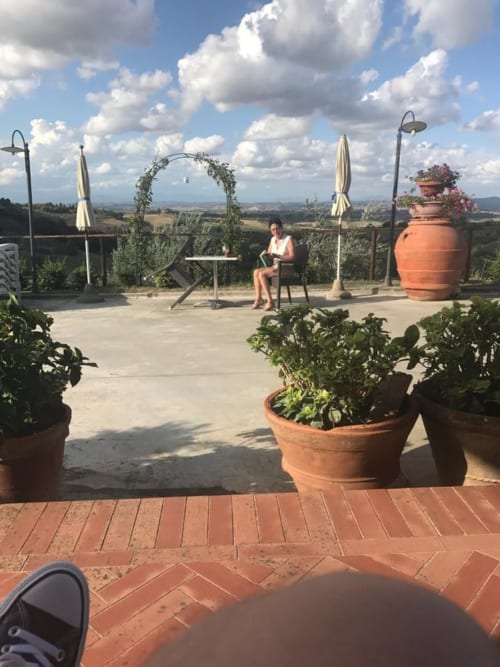 Terrazza in terracotta di B&B I Coppi a San Gimignano con arco d'edera, vasi di piante e vista sulla campagna toscana
