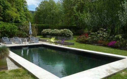 Modern zwembad van Hotel Moulin Renaudiots in Autun met ligbedden, parasols en weelderige tuinen