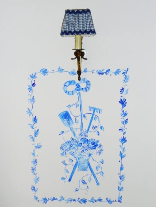 Blue and white ceramic table lamp with gingham shade in Ninon room at Au Petit Tambour D'Autingues, Autingues