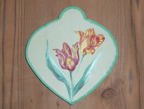 Vintage hand-painted ceramic dish with red and yellow tulip design, decorative accent in Flandre Room at Au Petit Tambour
