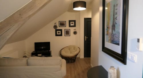 Appartement cosy à thème parisien à La Maison Virginie à Montargis avec coin salon, TV et tableaux encadrés sous plafond mansardé